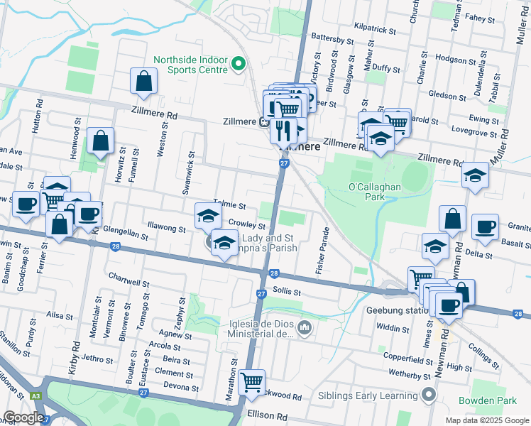 map of restaurants, bars, coffee shops, grocery stores, and more near 103 Murphy Road in Zillmere