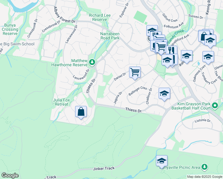 map of restaurants, bars, coffee shops, grocery stores, and more near 53 Daniel Drive in Albany Creek