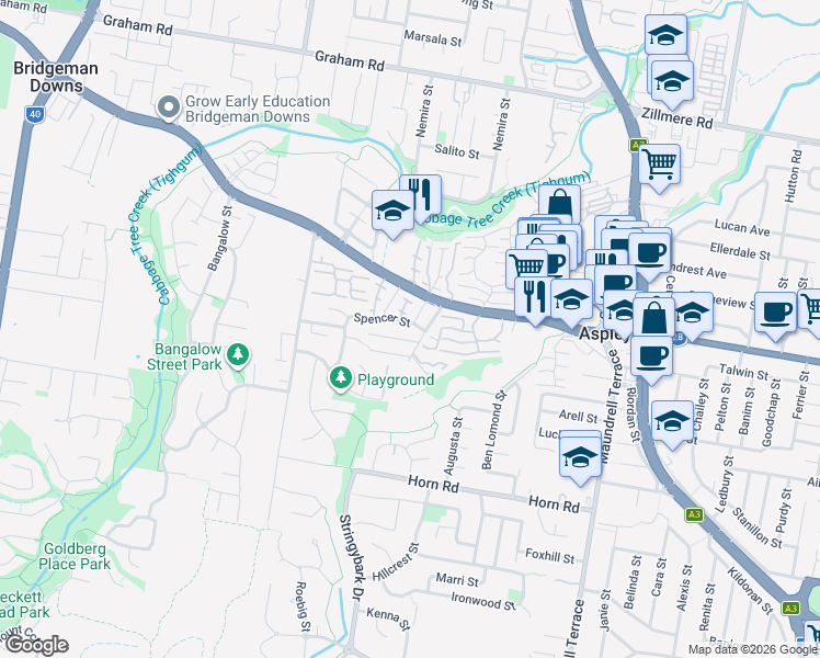 map of restaurants, bars, coffee shops, grocery stores, and more near 8 Spencer Street in Aspley