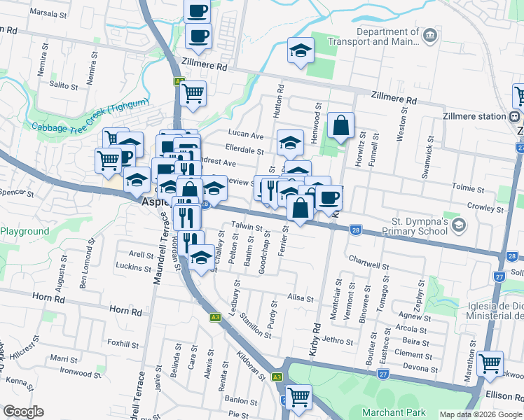 map of restaurants, bars, coffee shops, grocery stores, and more near 615 Robinson Road West in Aspley