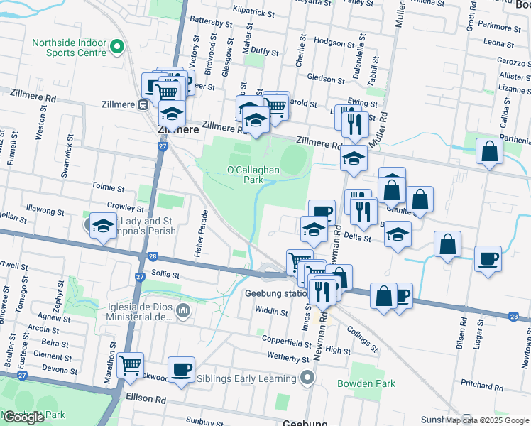 map of restaurants, bars, coffee shops, grocery stores, and more near in Zillmere