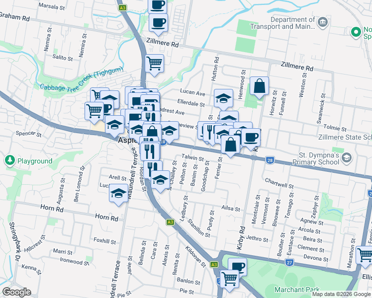 map of restaurants, bars, coffee shops, grocery stores, and more near 726 Robinson Road West in Aspley