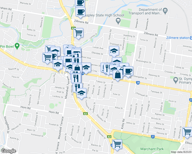 map of restaurants, bars, coffee shops, grocery stores, and more near 724 Robinson Road West in Aspley