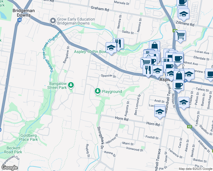 map of restaurants, bars, coffee shops, grocery stores, and more near 14 Flynn Place in Aspley