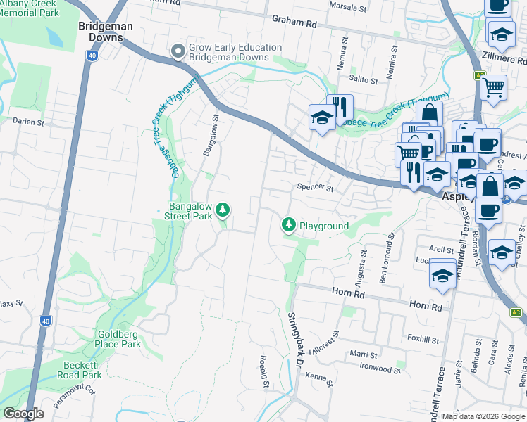 map of restaurants, bars, coffee shops, grocery stores, and more near 1 Kakanui Street in Aspley