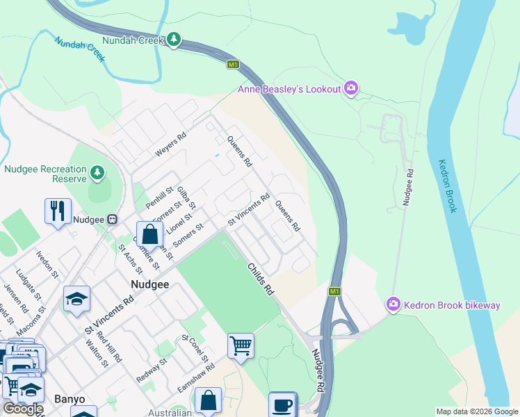 map of restaurants, bars, coffee shops, grocery stores, and more near 14 Griffin Place in Nudgee