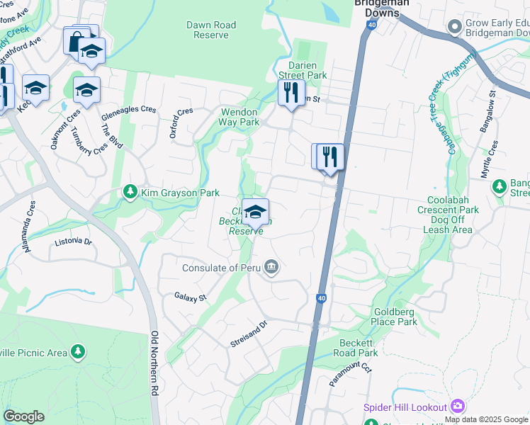 map of restaurants, bars, coffee shops, grocery stores, and more near 4 Gemini Place in Bridgeman Downs