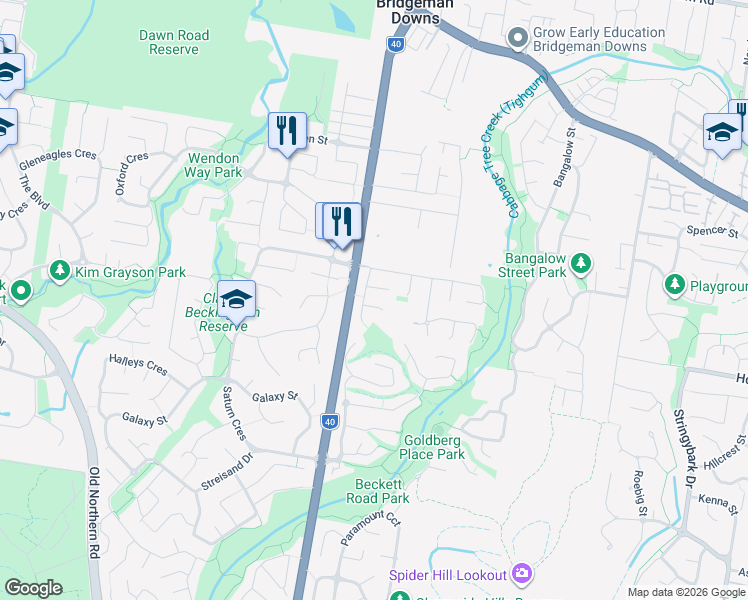 map of restaurants, bars, coffee shops, grocery stores, and more near 8 Brigalow Close in Bridgeman Downs