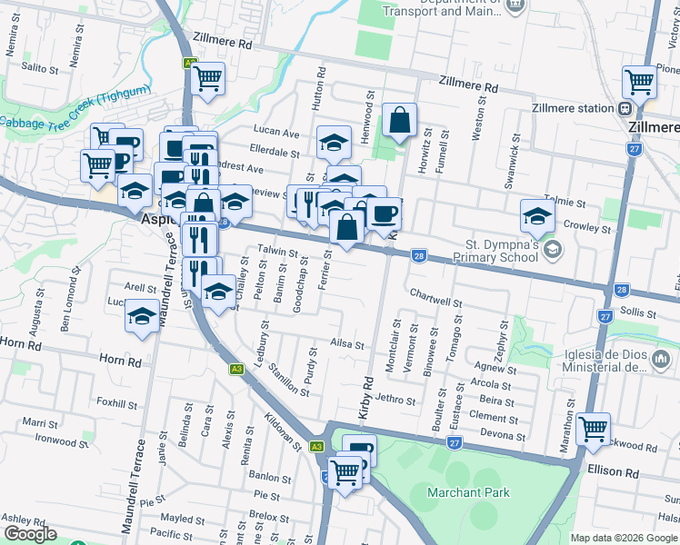 map of restaurants, bars, coffee shops, grocery stores, and more near 8 Faul Street in Aspley