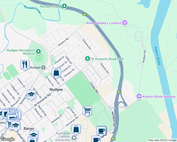 map of restaurants, bars, coffee shops, grocery stores, and more near 85 O'Doherty Circuit in Nudgee