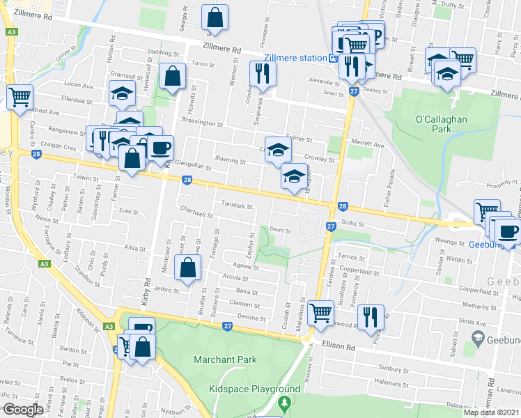 map of restaurants, bars, coffee shops, grocery stores, and more near 32 Tannlark Street in Aspley