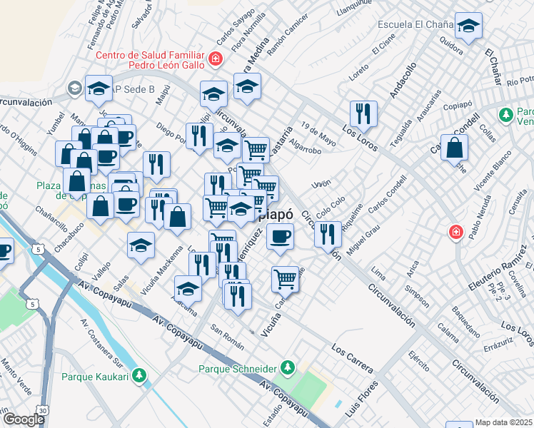 map of restaurants, bars, coffee shops, grocery stores, and more near in Copiapó