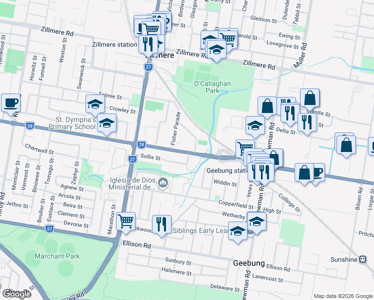 map of restaurants, bars, coffee shops, grocery stores, and more near 375 Robinson Road West in Geebung