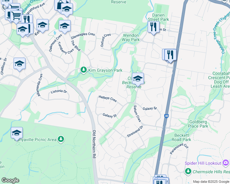 map of restaurants, bars, coffee shops, grocery stores, and more near 38 Voyager Circuit in Bridgeman Downs