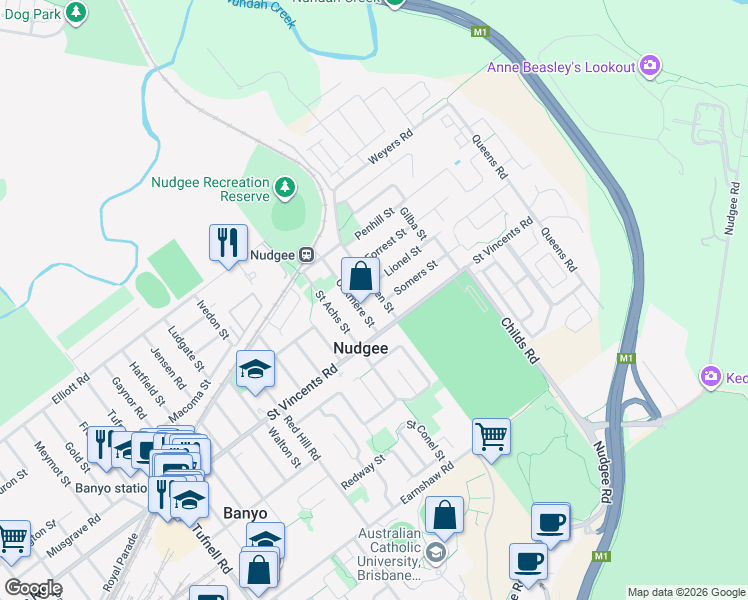 map of restaurants, bars, coffee shops, grocery stores, and more near 24 Hayden Street in Nudgee