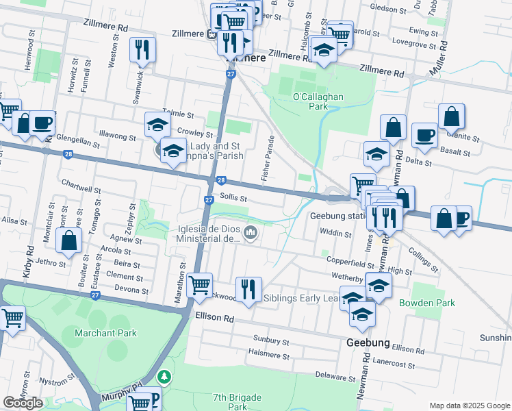 map of restaurants, bars, coffee shops, grocery stores, and more near 35 Sollis Street in Geebung