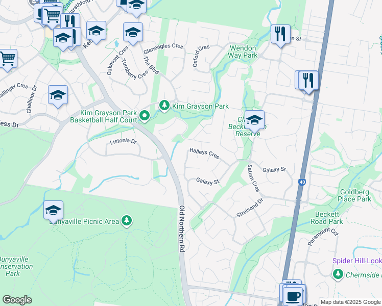 map of restaurants, bars, coffee shops, grocery stores, and more near 28 Halleys Crescent in Bridgeman Downs