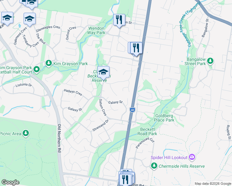map of restaurants, bars, coffee shops, grocery stores, and more near 26 Shuttle Place in Bridgeman Downs