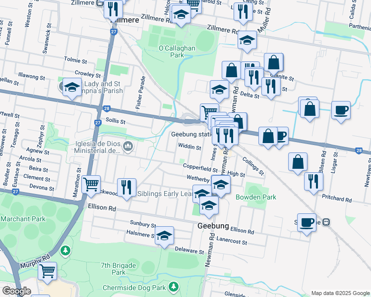 map of restaurants, bars, coffee shops, grocery stores, and more near 24 Widdin Street in Geebung