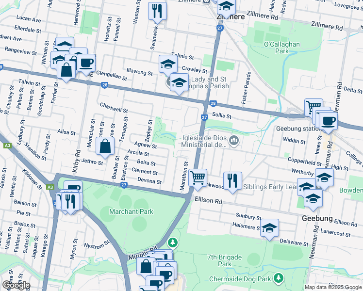 map of restaurants, bars, coffee shops, grocery stores, and more near 217 Murphy Road in Geebung