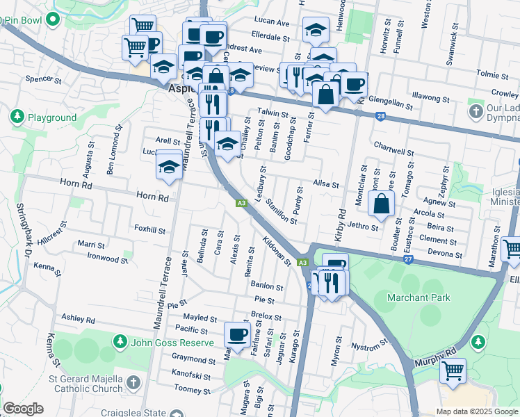 map of restaurants, bars, coffee shops, grocery stores, and more near 1181 Gympie Road in Aspley
