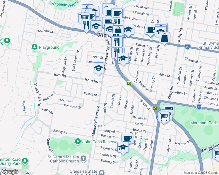 map of restaurants, bars, coffee shops, grocery stores, and more near 61 Janie Street in Aspley