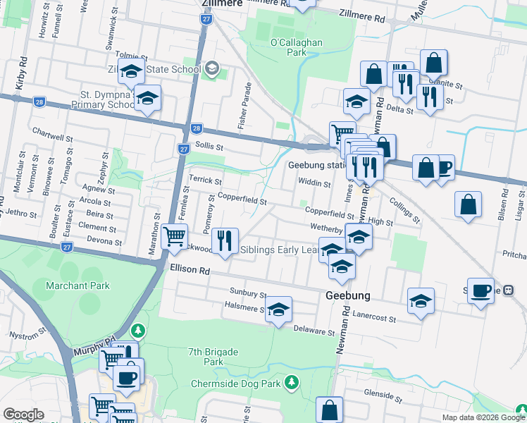 map of restaurants, bars, coffee shops, grocery stores, and more near 5 Piccadilly Street in Geebung