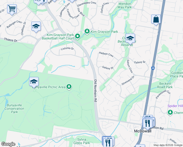 map of restaurants, bars, coffee shops, grocery stores, and more near 14 Gardonia Place in Albany Creek