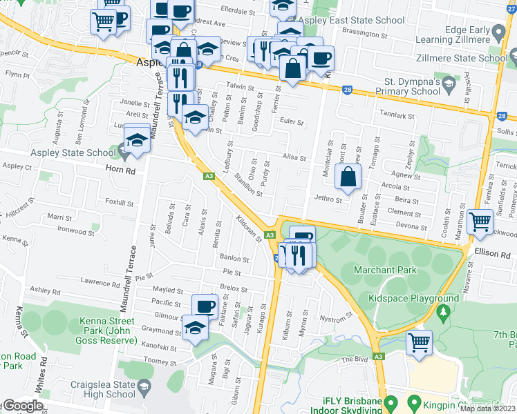 map of restaurants, bars, coffee shops, grocery stores, and more near 619 Ellison Road in Aspley