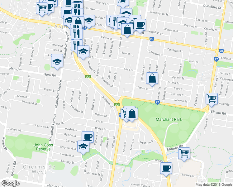 map of restaurants, bars, coffee shops, grocery stores, and more near 607 Ellison Road in Aspley