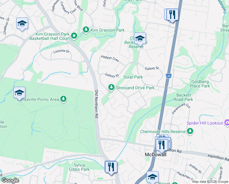 map of restaurants, bars, coffee shops, grocery stores, and more near 3 Bening Place in McDowall