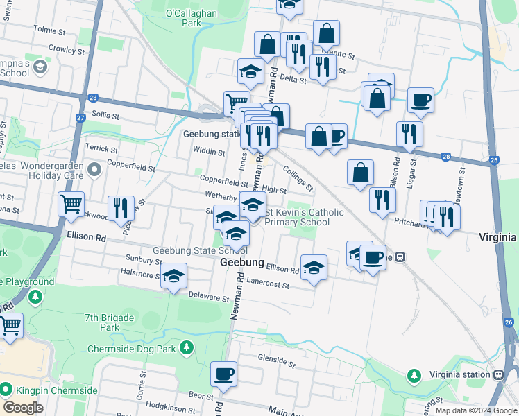 map of restaurants, bars, coffee shops, grocery stores, and more near 5 Akaroa Avenue in Geebung