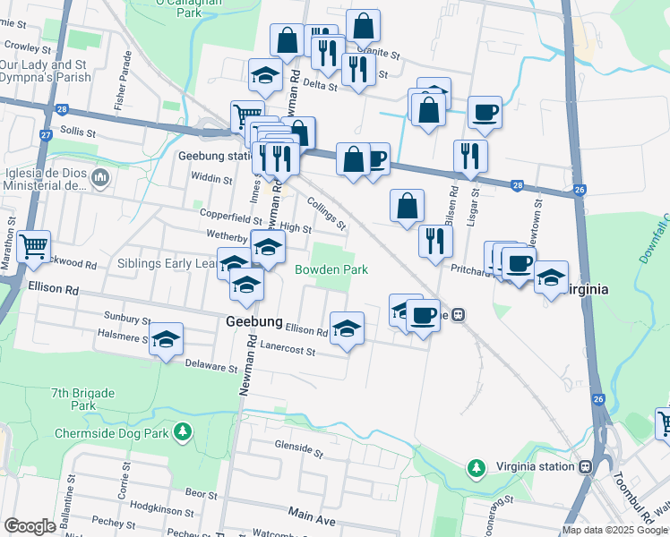 map of restaurants, bars, coffee shops, grocery stores, and more near 30 Dartnell Street in Geebung