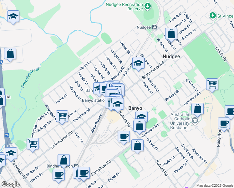 map of restaurants, bars, coffee shops, grocery stores, and more near 284 Saint Vincents Road in Banyo