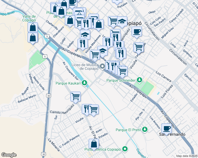 map of restaurants, bars, coffee shops, grocery stores, and more near 140 Panamericana Norte in Copiapo