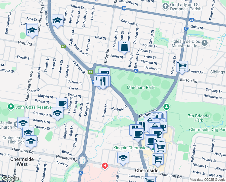 map of restaurants, bars, coffee shops, grocery stores, and more near 1060 Gympie Road in Chermside