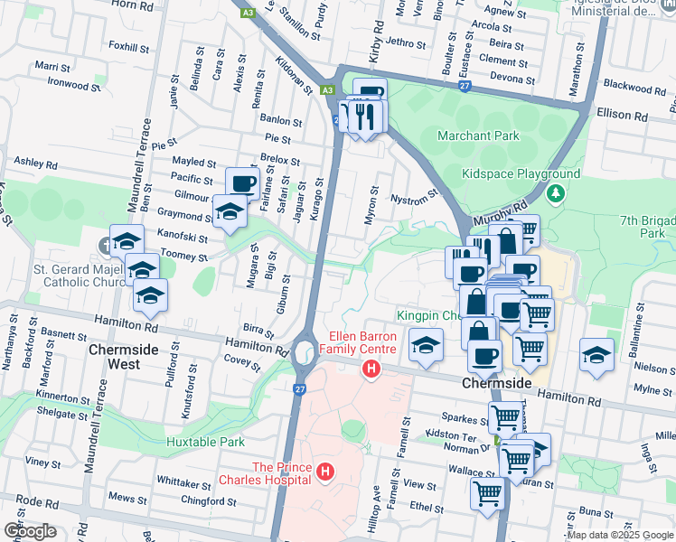 map of restaurants, bars, coffee shops, grocery stores, and more near 32-38 Beneke Street in Chermside