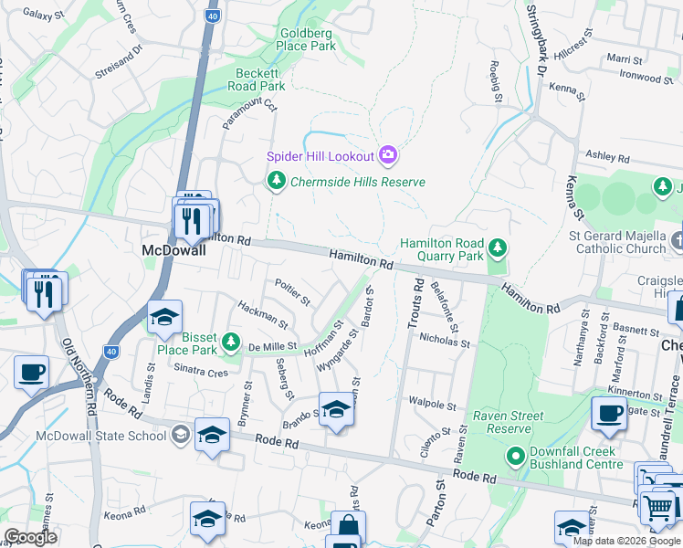 map of restaurants, bars, coffee shops, grocery stores, and more near 8 Calhoun Street in McDowall