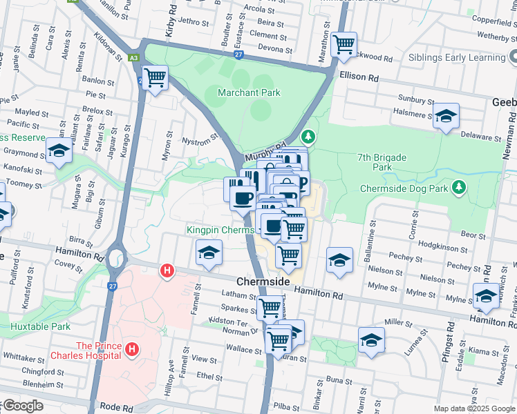 map of restaurants, bars, coffee shops, grocery stores, and more near 10 Banfield Street in Chermside