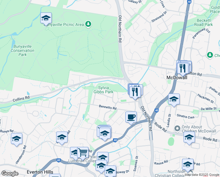 map of restaurants, bars, coffee shops, grocery stores, and more near 10-12 Caneby Street in Everton Hills