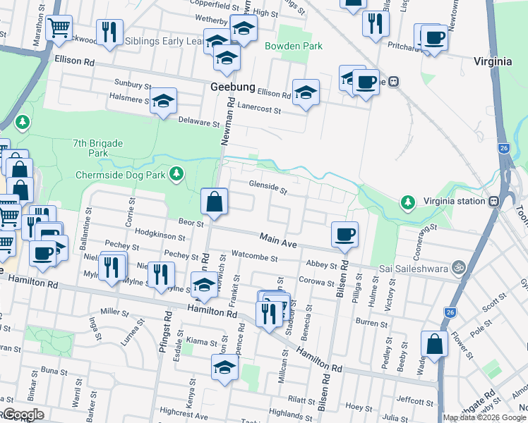 map of restaurants, bars, coffee shops, grocery stores, and more near 24 Handcroft Street in Wavell Heights