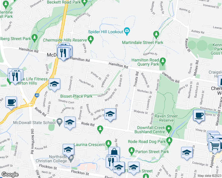 map of restaurants, bars, coffee shops, grocery stores, and more near 38 Hoffman Street in McDowall