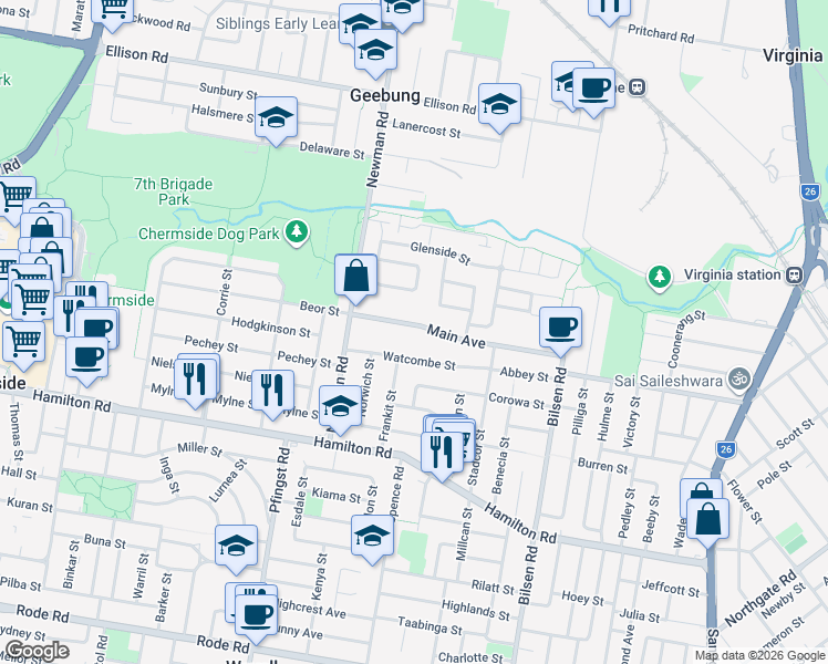 map of restaurants, bars, coffee shops, grocery stores, and more near 98 Main Avenue in Wavell Heights