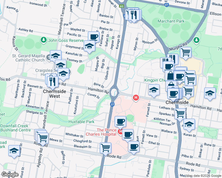 map of restaurants, bars, coffee shops, grocery stores, and more near Hamilton Road in Chermside West