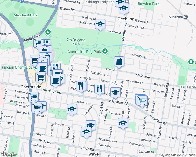 map of restaurants, bars, coffee shops, grocery stores, and more near 40 Unmack Street in Chermside