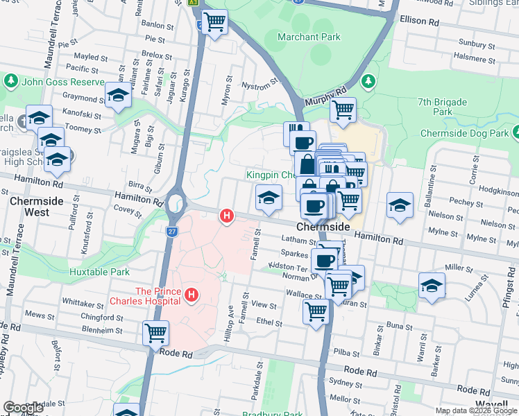 map of restaurants, bars, coffee shops, grocery stores, and more near 10 Kelso Street in Chermside