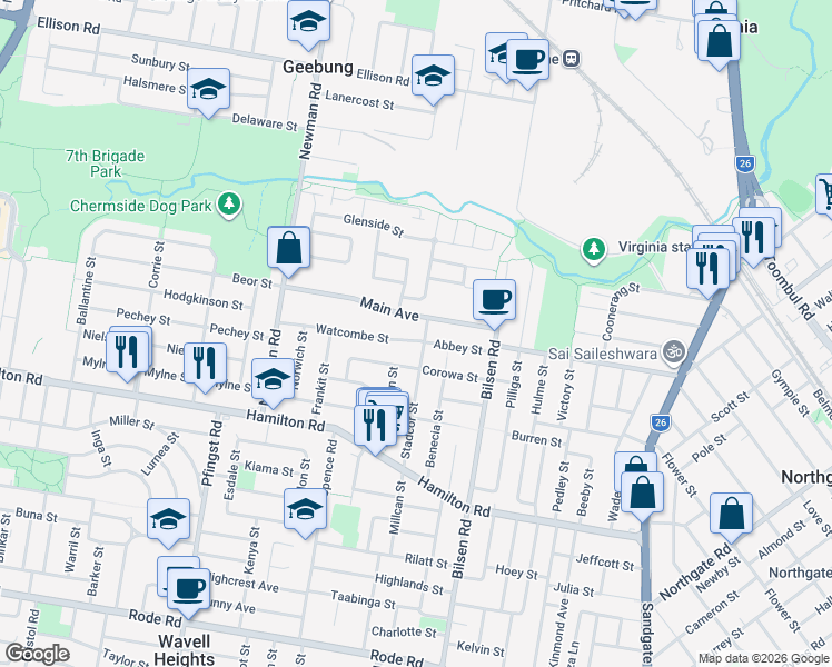 map of restaurants, bars, coffee shops, grocery stores, and more near 64 Watcombe Street in Wavell Heights