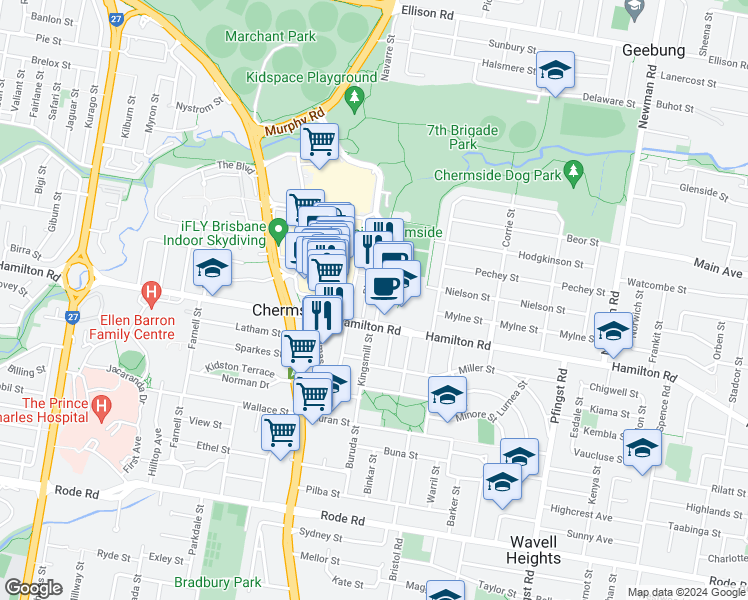 map of restaurants, bars, coffee shops, grocery stores, and more near 15 Playfield Street in Chermside