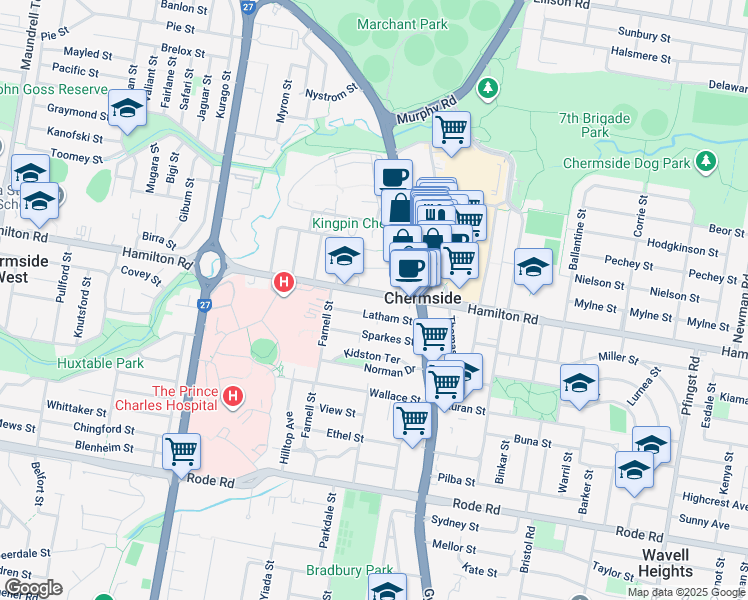 map of restaurants, bars, coffee shops, grocery stores, and more near 444 Hamilton Road in Chermside