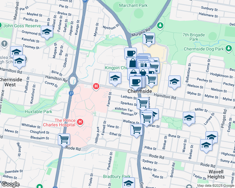 map of restaurants, bars, coffee shops, grocery stores, and more near 55 Latham Street in Chermside
